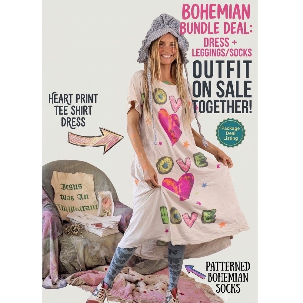 Magnolia Pearl LOVE Heart Long Tee Shirt‎ Dress PLUS Choice Socks Combo Set NWT